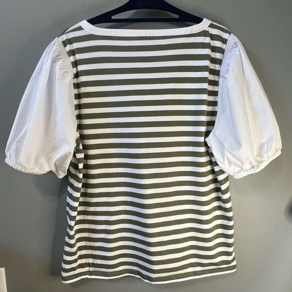 Talbots Green White Striped Blouse XL Button Detail Shirt Preppy Coastal Classic - Picture 3 of 10